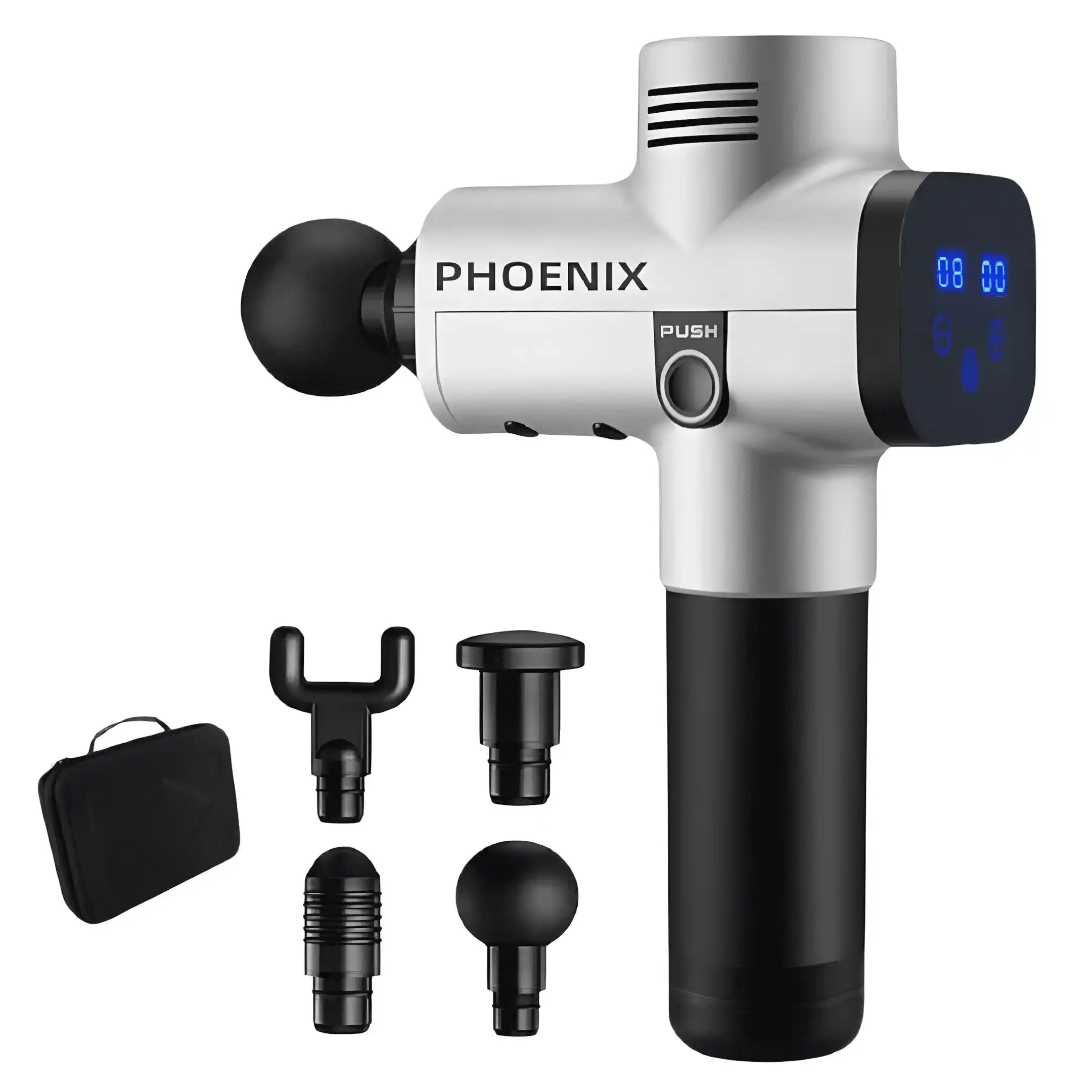 Pistolet de massage professionnel phoenix blanc avec 4 embouts et un écran Led 