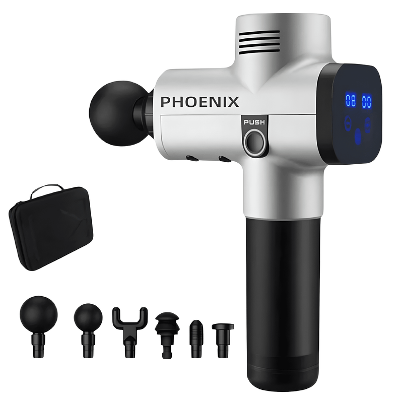 Pistolet masseur professionnel phoenix blanc avec 6 embouts et un écran Led 